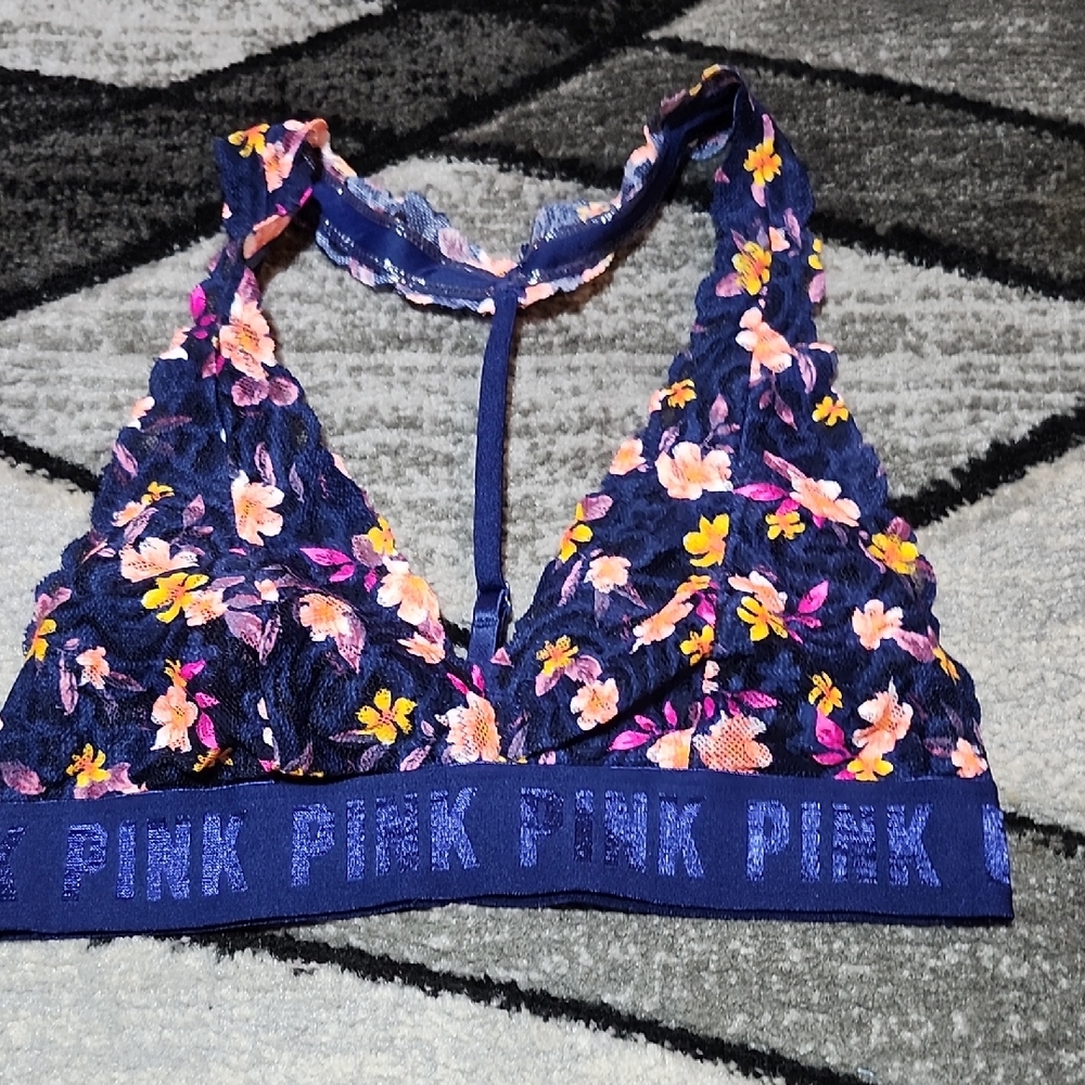 VS PINK STAPPY BLUE LACE FLORAL UNLINED HALTER TRIANGLE BRALETTE